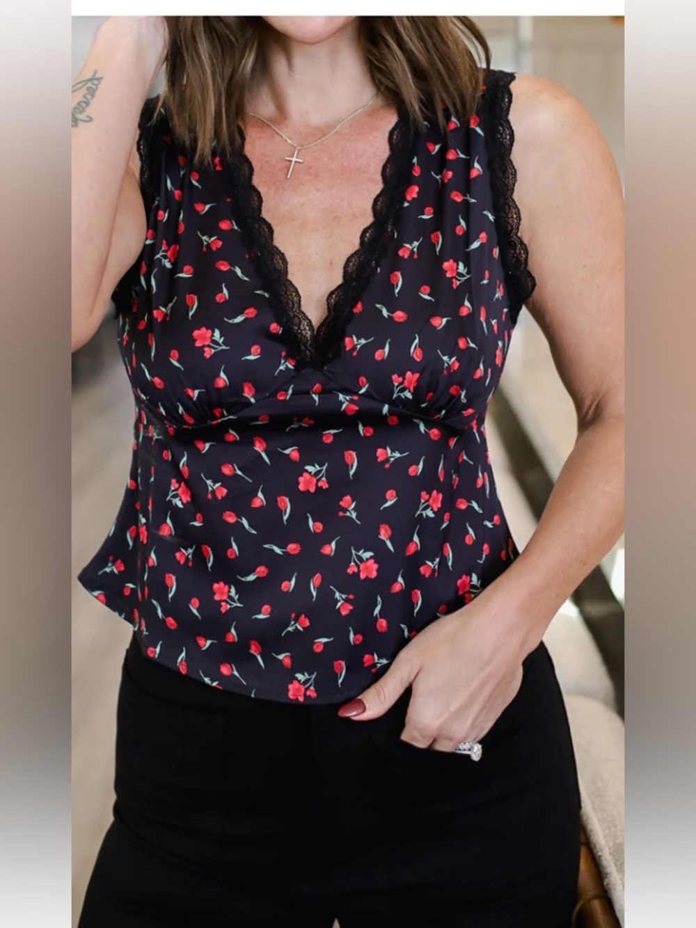 Wayf Black Floral Lace-Trim Cami with Red Flowers